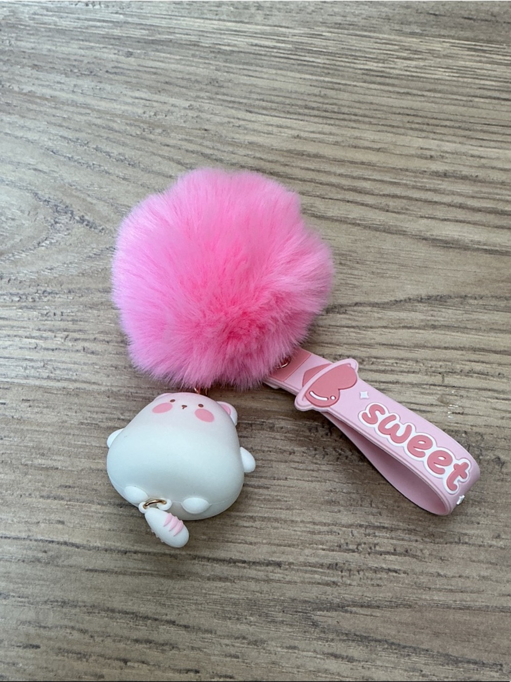 Pink Pom-Pom Key & Card Holder with Sweet Strap and Cat Charm